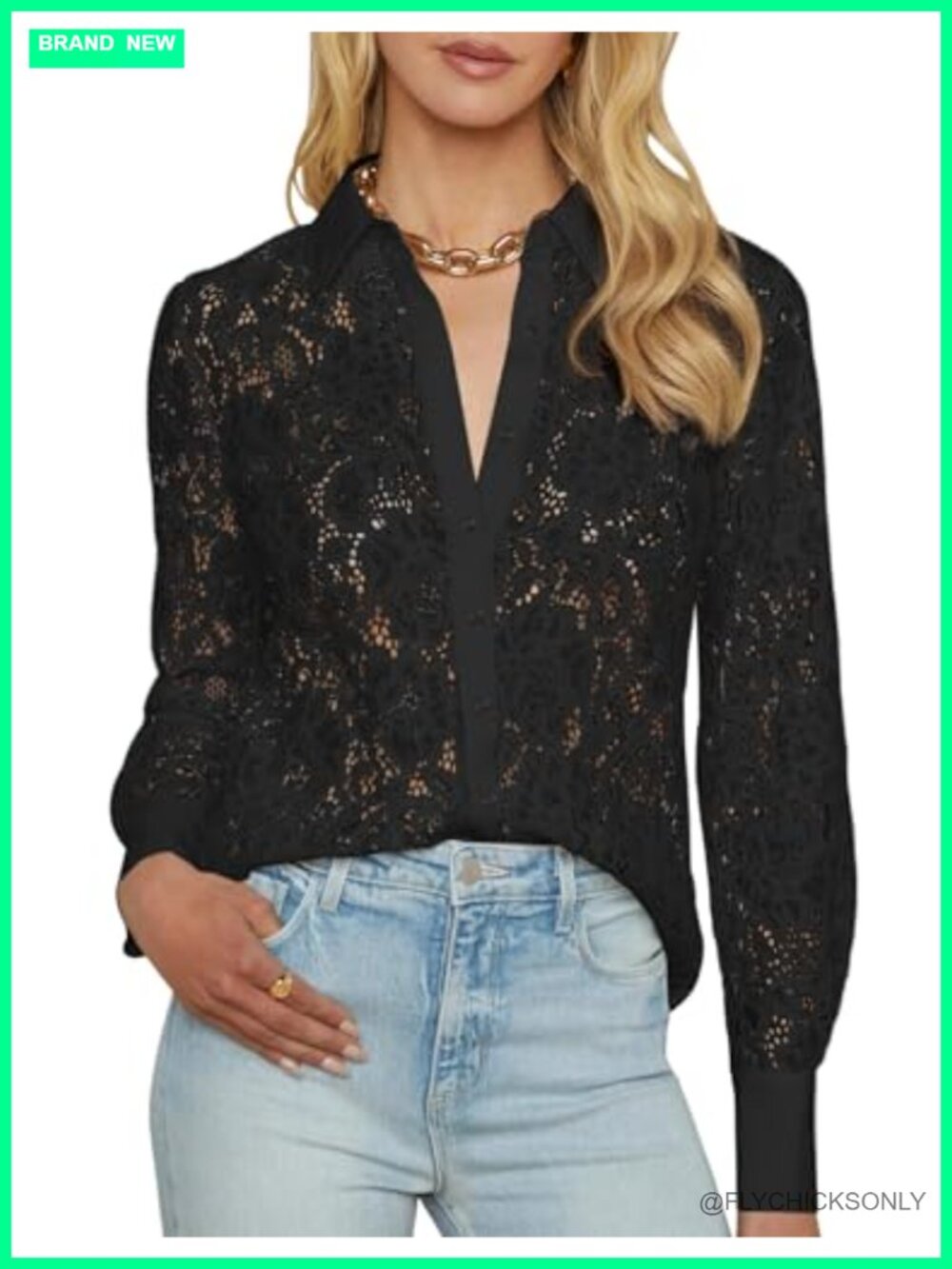 Lace Blouse Button Down Shirt V-Neck Long Sleeve Sheer Top